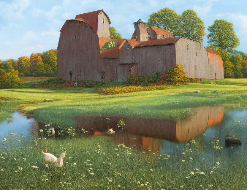 Tranquil barn by reflective pond with ducks and swan in lush landscape