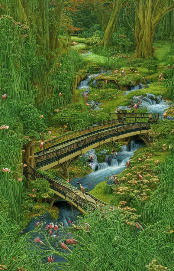 Vertical landscape of lush green forest with wooden bridge over stream, surrounded by pink flamingos