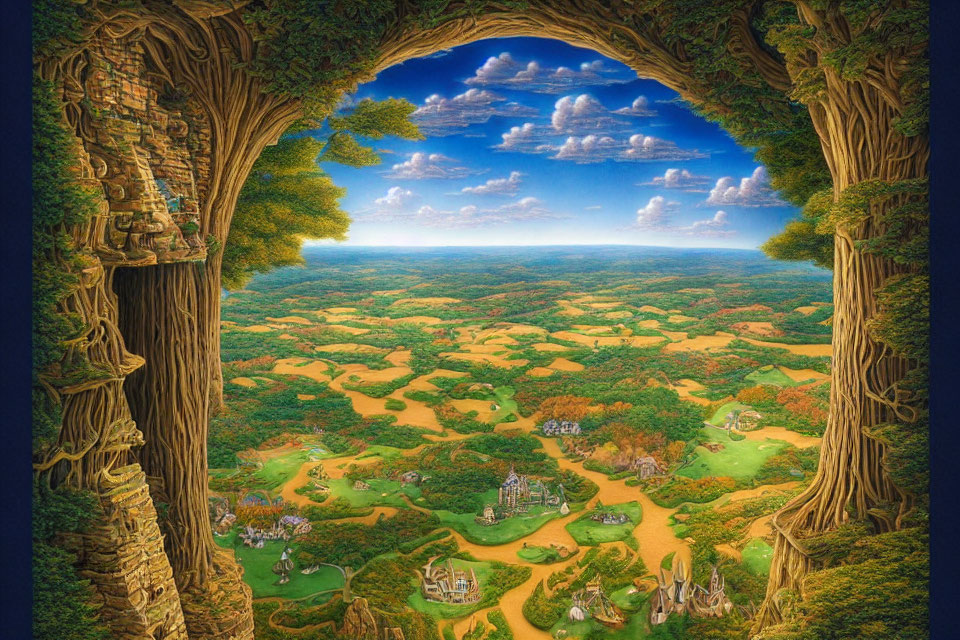 Fantasy landscape with natural archway, lush greenery, golden fields, and distant castles