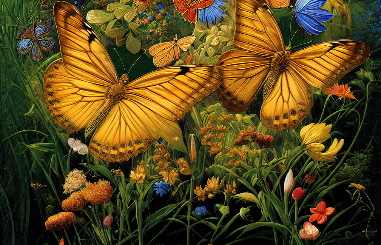 Colorful Butterfly Painting with Yellow and Blue Butterflies in Lush Greenery