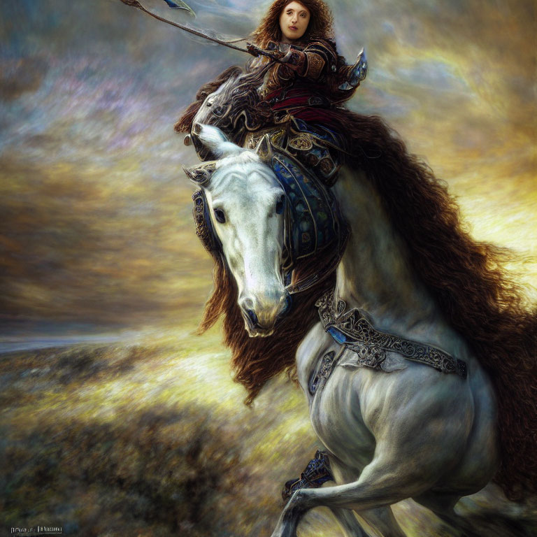 Warrior in Ornate Armor Riding White Horse in Dreamlike Landscape