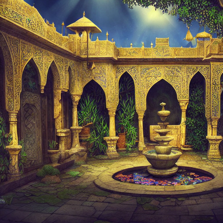 Nighttime courtyard with arched doorways, fountain, mosaic floor, plants, moonlit sky