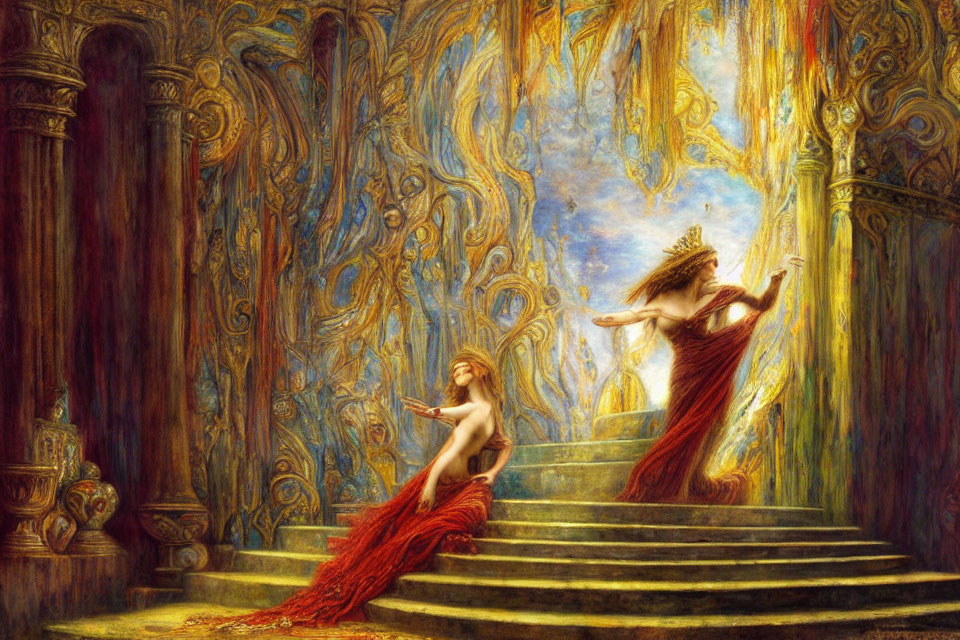 Opulent fantasy scene featuring two ethereal women on golden stairs
