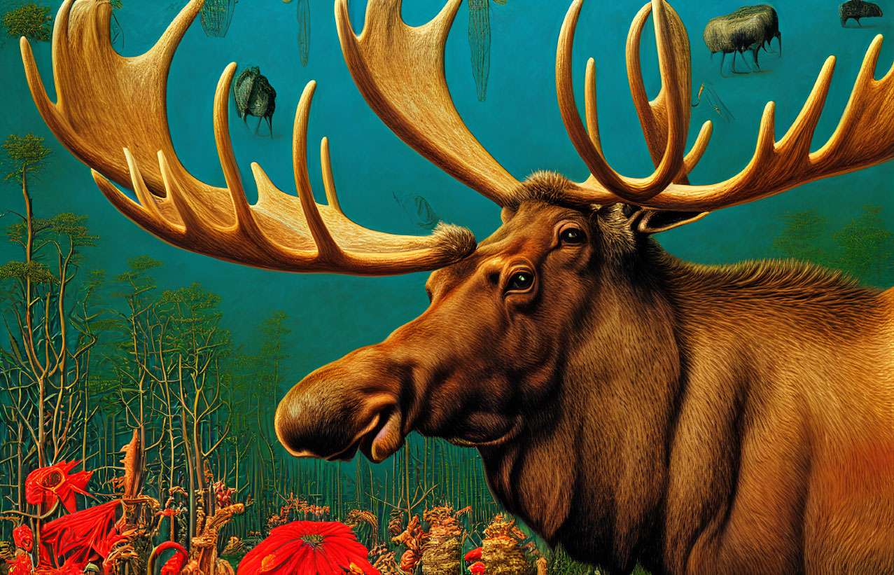 Surreal moose illustration with expansive antlers as forest ecosystem under teal sky