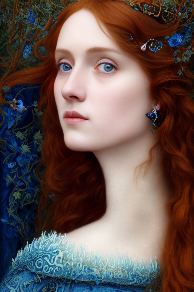 Portrait of woman with blue eyes, red hair, butterfly, and blue earrings against floral backdrop