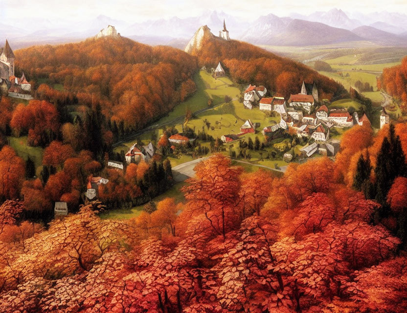 Vibrant autumn village scene with rolling hills and distant castles