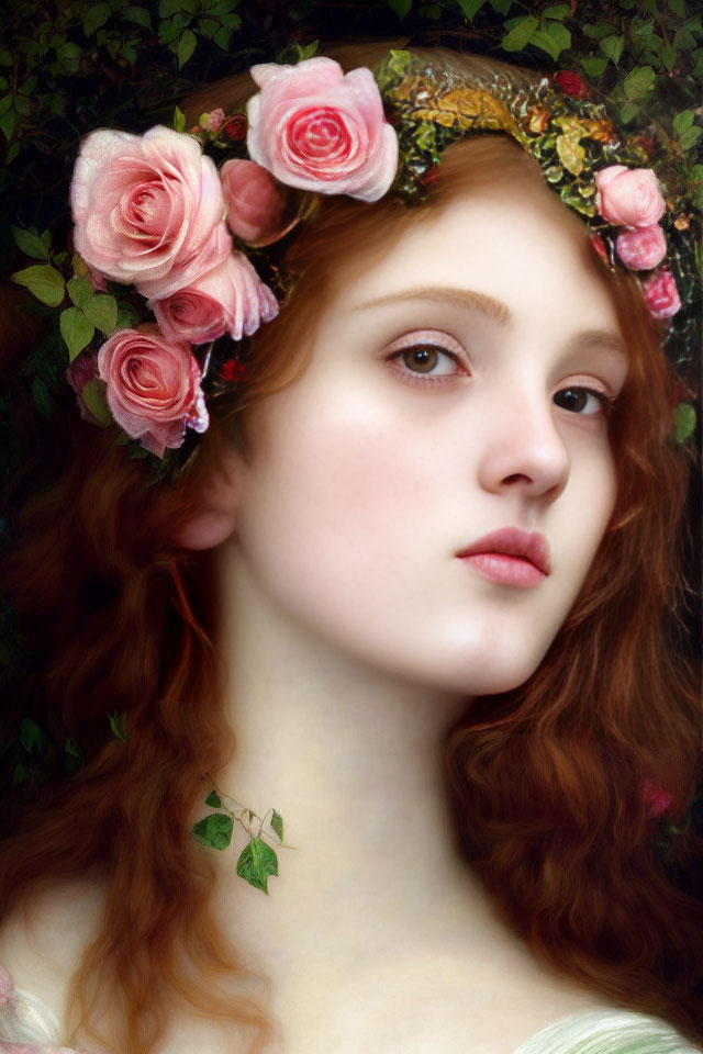 Red-haired woman portrait with floral crown and dark green background