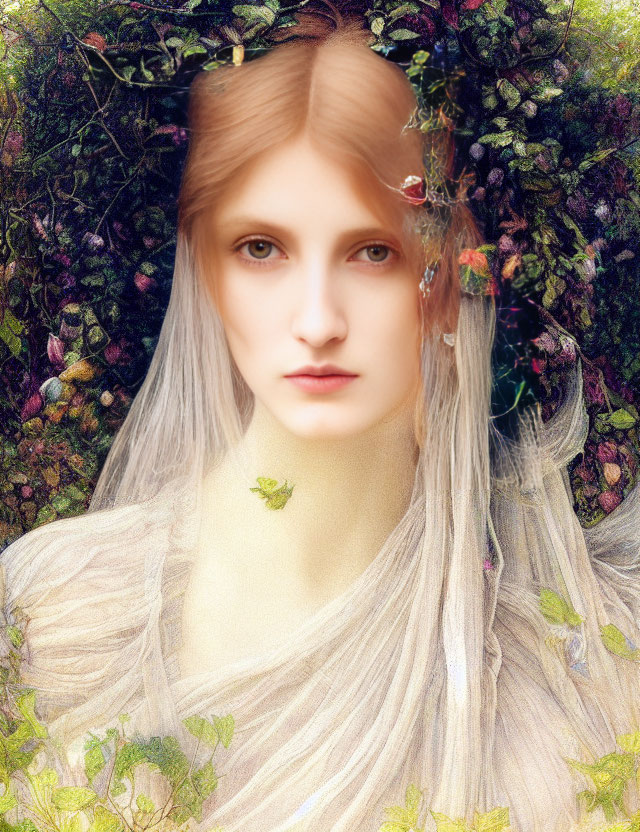 Fair-skinned woman with strawberry-blond hair in lush greenery and flowers