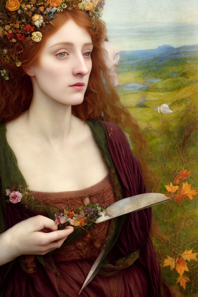 Red-haired woman with floral crown in pastoral landscape holding sickle