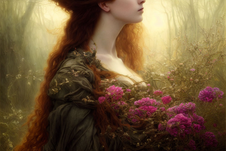 Woman with flowing red hair surrounded by flora in tranquil profile.