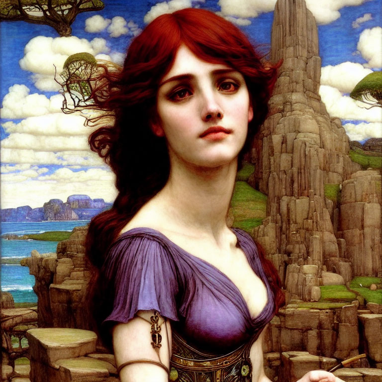 Red-Haired Woman in Purple Dress with Rock Formation Backdrop