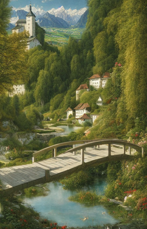 Scenic landscape with wooden bridge, greenery, houses, church tower, mountains