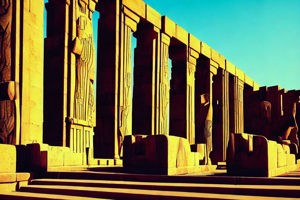 Ancient Egyptian temple with columns and hieroglyphs in vibrant yellow and blue contrast