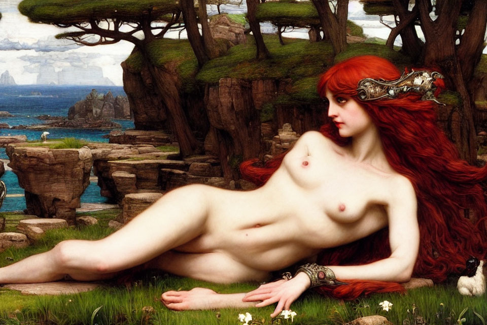 Reclining nude woman with red hair and jewelry in coastal landscape