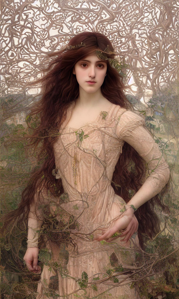 Woman in diaphanous gown with flowing hair against intricate backdrop