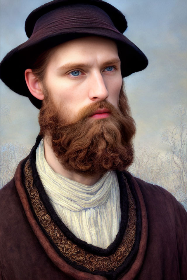 Styled man with beard and hat in overcoat and cravat against cloudy sky