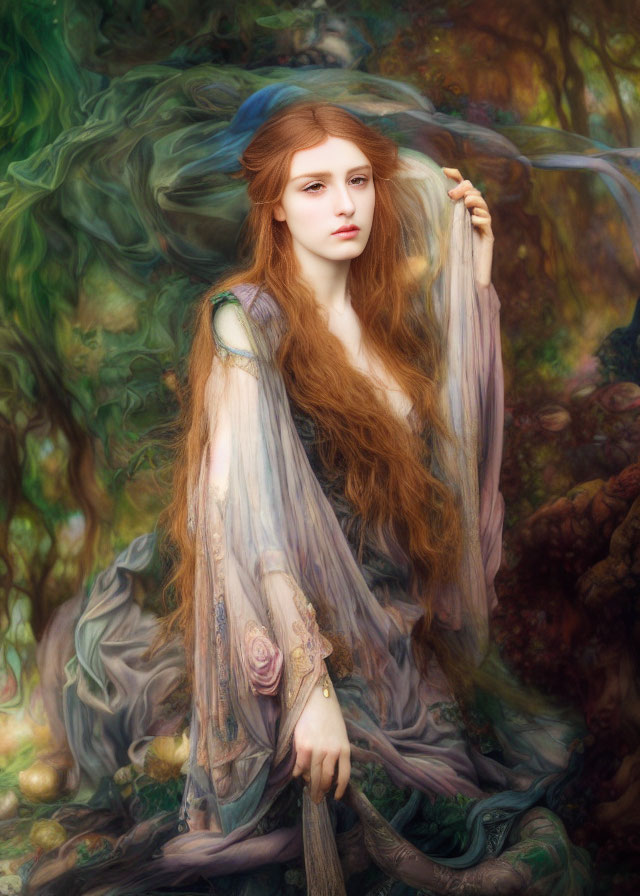Auburn-haired woman in sheer gown surrounded by mystical forest backdrop