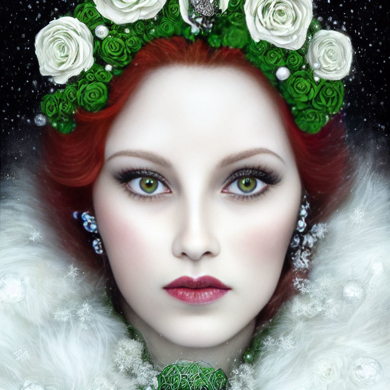 Red-haired woman with floral crown and white fur collar, green eyes and snowflake skin details