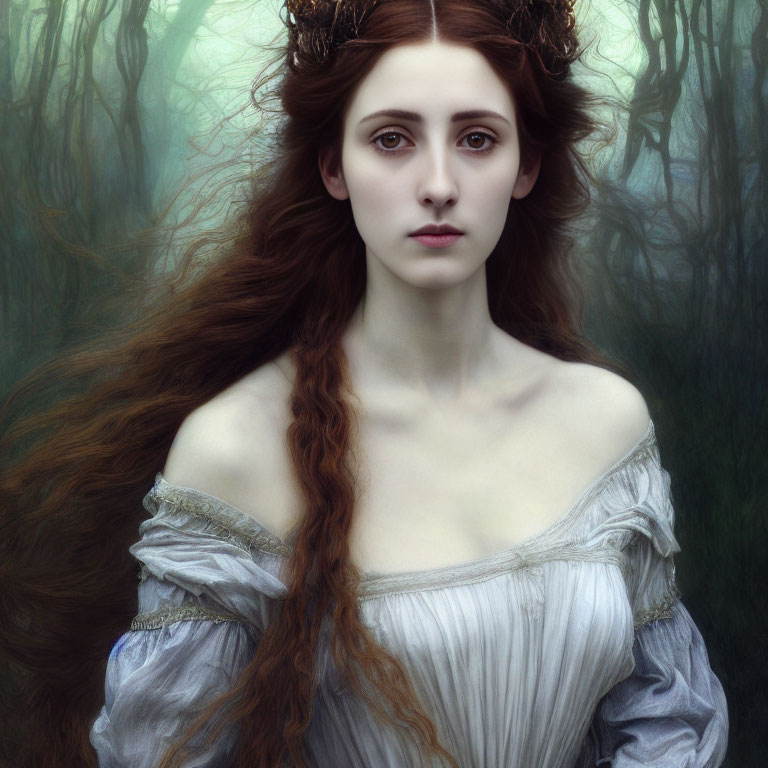 Woman with Auburn Hair and Branch Crown in Misty Forest Setting