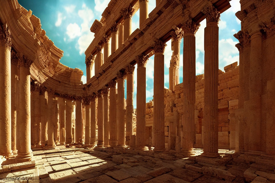Ancient ruins with towering columns and intricate friezes in warm sunlight