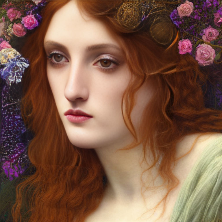 Portrait of woman with flowing red hair and purple flowers.