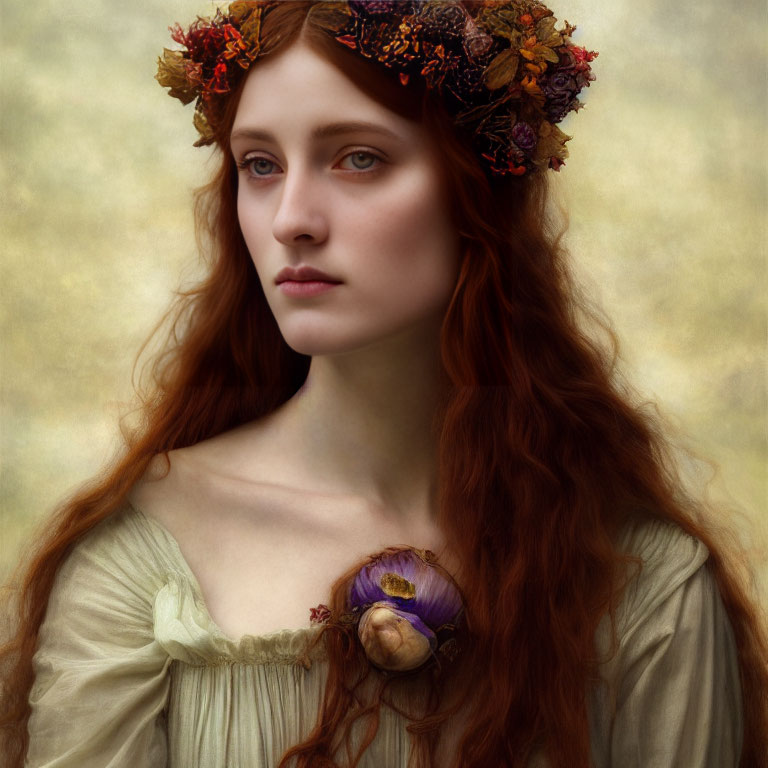 Red-haired woman in floral crown, pale dress, purple flower - serene gaze.