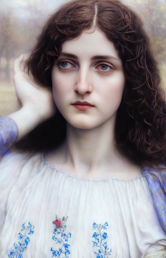 Portrait of Woman with Wavy Brown Hair and Blue Eyes in White Dress