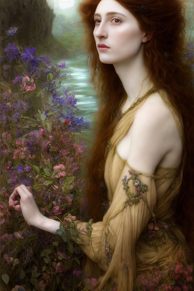 Red-haired woman in vintage dress surrounded by purple flowers.
