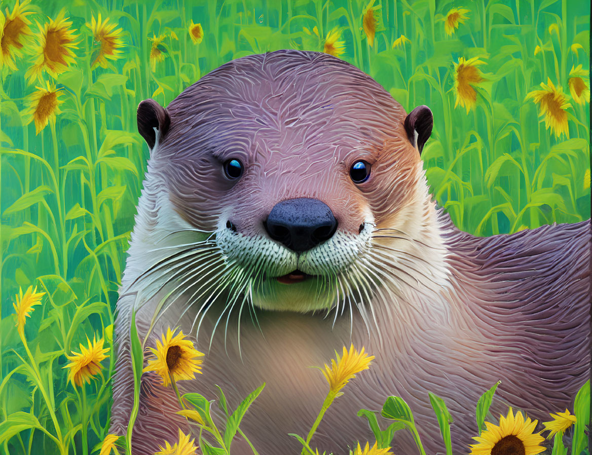 Realistic otter head digital illustration with vibrant sunflower background