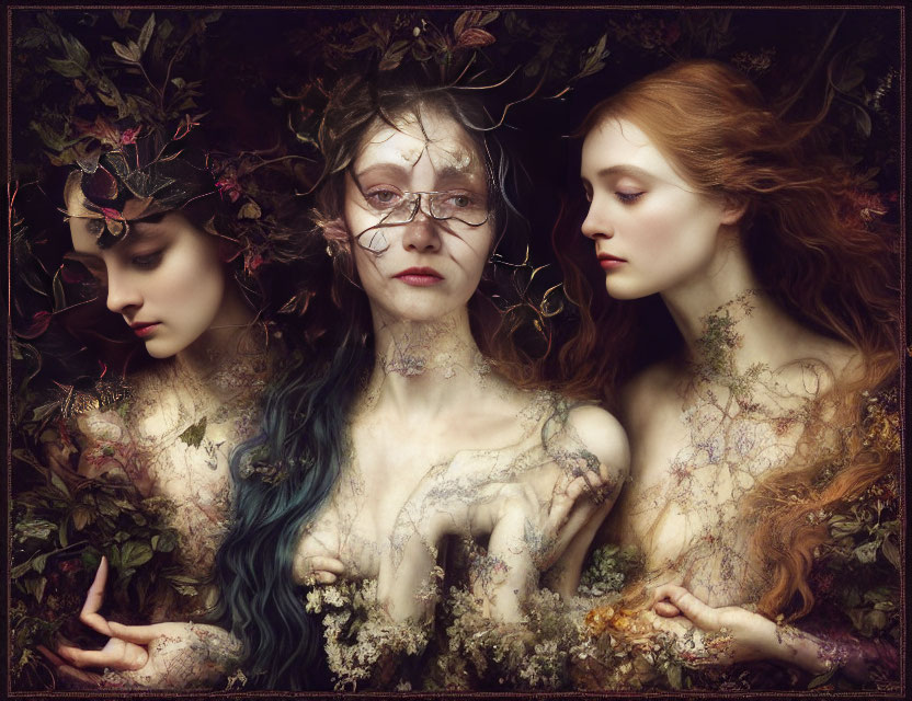 Ethereal figures adorned with floral elements in serene tableau