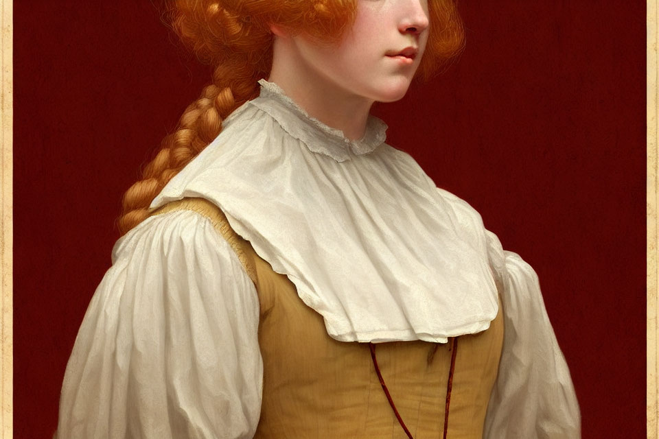 Red-haired woman in braid, white blouse, yellow corset on red background