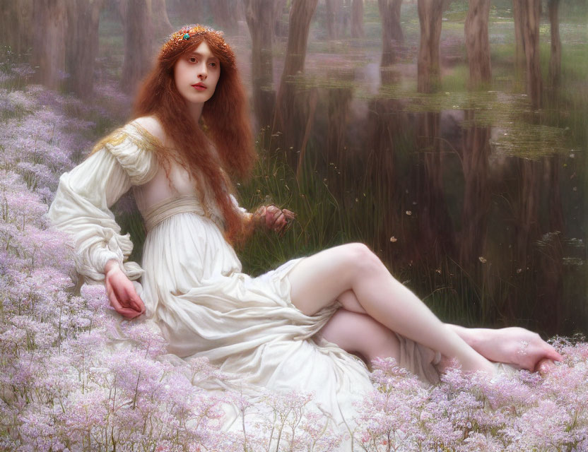 Red-Haired Woman in White Dress with Floral Crown Surrounded by Purple Flowers and Misty Forest