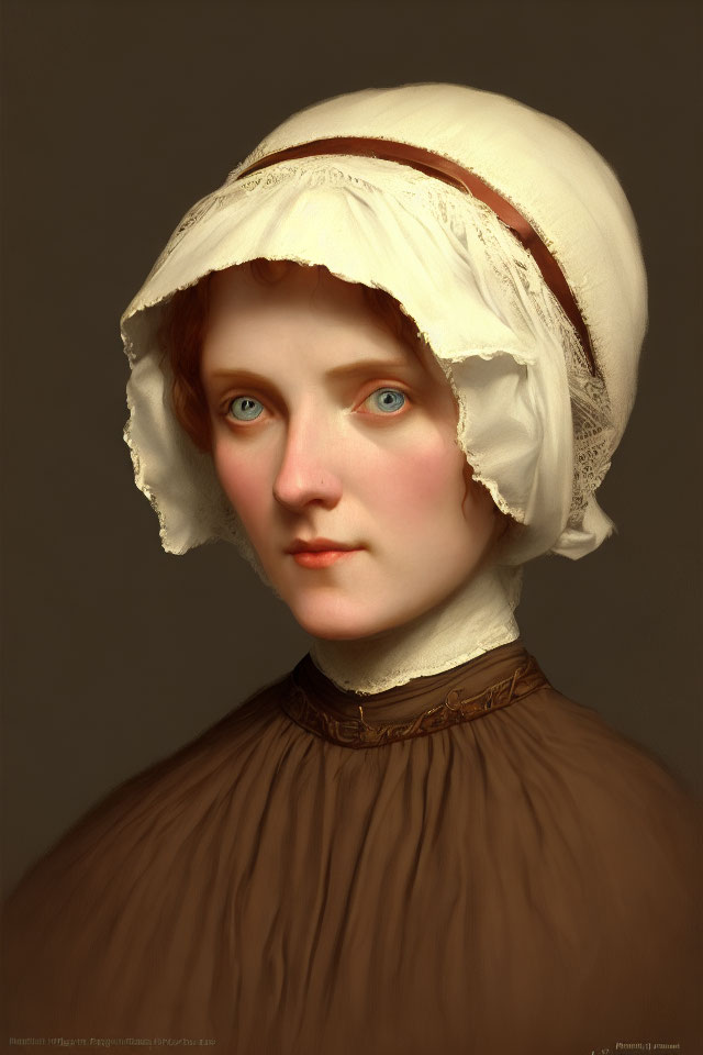 Red-haired woman in bonnet and lace collar, vintage style portrait.