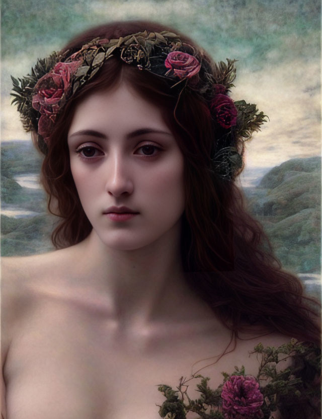 Portrait of Woman with Floral Wreath in Landscape.