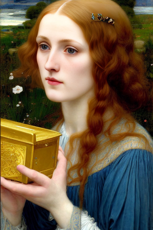 Portrait of a Woman with Red Hair Holding Golden Box in Pre-Raphaelite Style