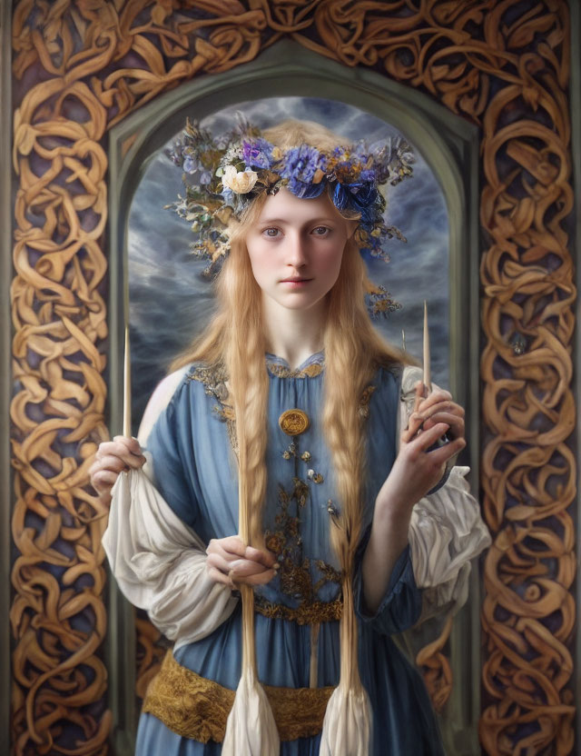 Blonde woman in blue medieval dress with floral crown and wand