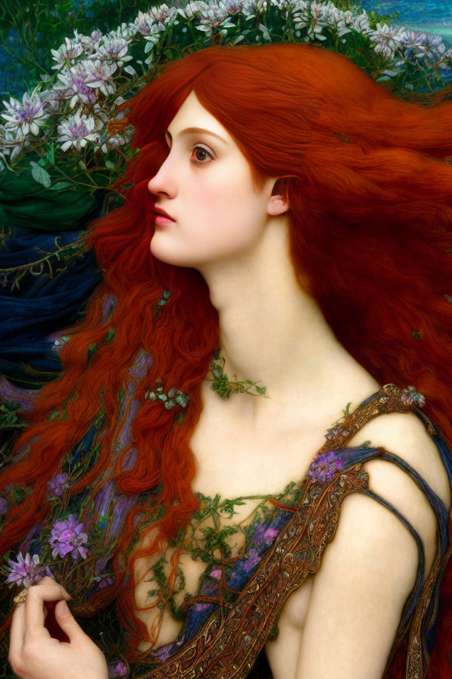 Profile view painting of woman with flowing red hair and flowers.