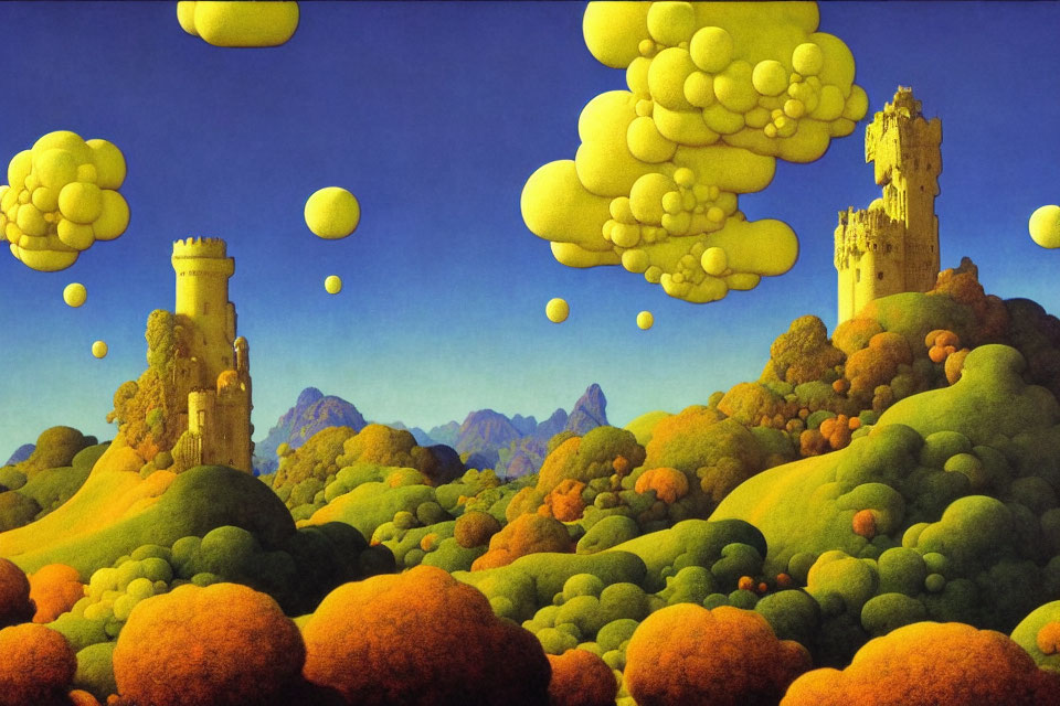 Surreal landscape with floating yellow spheres, castles, and green hills