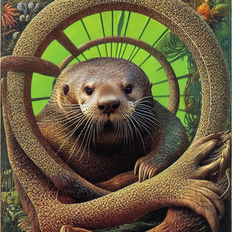 Detailed Otter Illustration in Circular Frame with Foliage and Snake