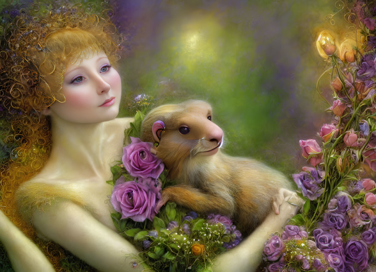 Curly-Haired Woman with Guinea Pig in Fantasy Portrait