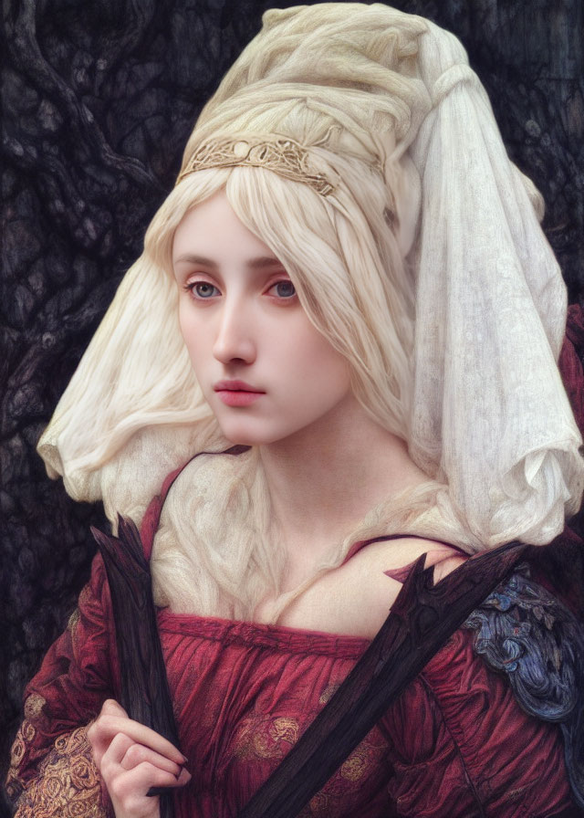 Pale woman with blonde hair in white headdress and burgundy dress