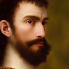 Man with Dark Hair and Beard in Blue Garment Against Brown Background