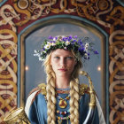 Woman in floral crown and blue medieval dress against leafy backdrop