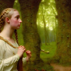 Young woman in historical attire with braided hair standing in mystical forest