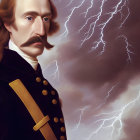 Portrait of a man with mustache in military uniform with lightning backdrop