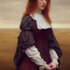 Red-haired woman in historical attire with purple dress and hat in overcast field.