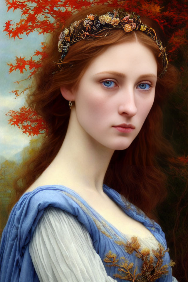 Portrait of woman with blue eyes and red hair in blue dress, floral headpiece, autumn leaves background