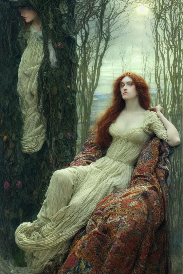 Pre-Raphaelite-style painting of woman with red hair in woodland and seascape setting