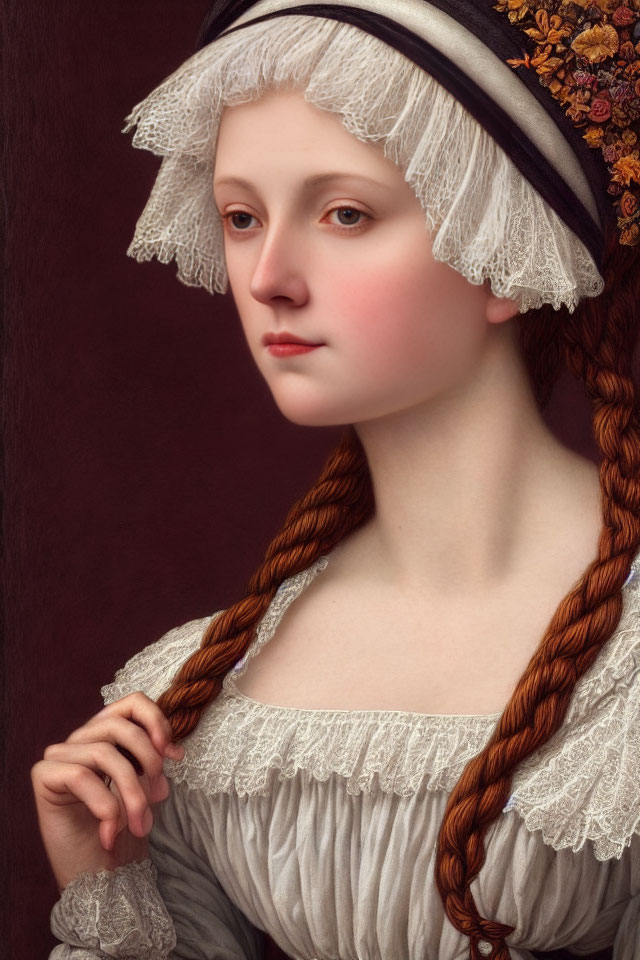 Portrait of woman with pale skin, rosy cheeks, white lace cap, navy headband, r