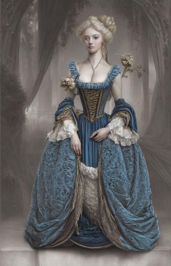 Elaborate blue and gold 18th-century style dress with corset and flowers